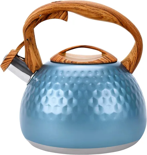 Vista 22 de GGC Tetera para estufa, 3.1QT/3L Hervidor de té silbante para hervir agua, café o leche, tetera púrpura con mango de compañero de madera, tetera
