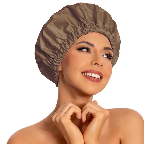 Vista 43 de Gorro de ducha reutilizable para mujer, grande, impermeable, lavable, banda elástica, accesorios de baño, sombrero para cabello largo, trenzas Beige