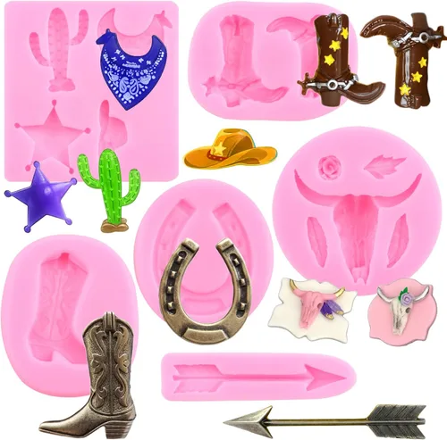 Mujiang Moldes de silicona de cabeza de toro, botas de vaquero de plumas, flechas de herradura, molde de fondant, molde de chocolate para cactus y