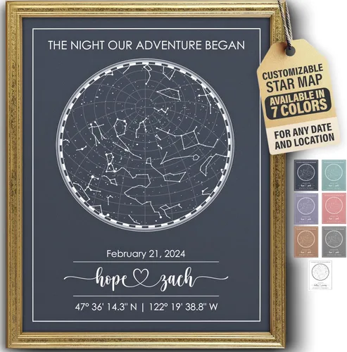 Vista 29 de Impresión artística personalizada de mapa de estrellas, totalmente personalizada (tus detalles, tamaño, color, marco), regalo para el día