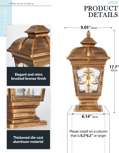 Vista 6 de Paquete de 2 luces de poste para exteriores, lámpara de poste de bronce, luces de calle antiguas para patio, jardín, césped de cerca, camino