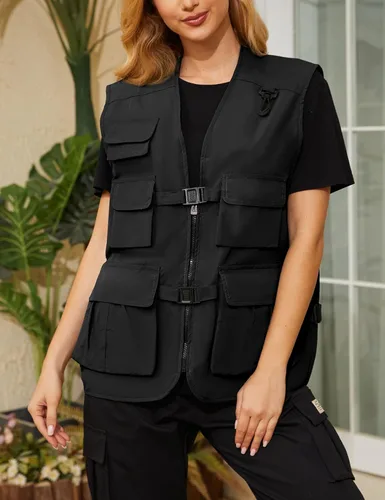 Vista 3 de Chaleco de pesca para mujer, chaleco de viaje para trabajo al aire libre con múltiples bolsillos