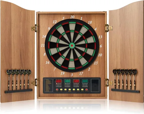 Dart Board, Decorative Dart Board Cabinet Set [12*Soft Tip Darts], Electronic Dart Board - Wooden Cabinet Doors with Integrated Scoreboard for