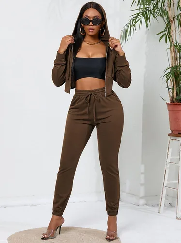 Vista 5 de Nimsruc Conjunto deportivo de 2 piezas para mujer, casual, de manga larga, con cremallera, sudadera con capucha a juego