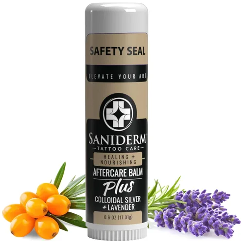 Saniderm Tattoo Aftercare Balm PLUS+ – Pequeño (0.6 oz) – Sin petróleo, hidratante orgánico para tatuajes infundido con plata coloidal, aceite de