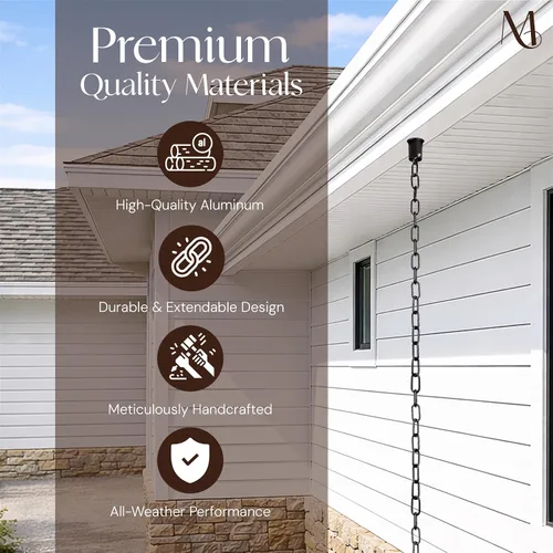 Vista 3 de Monarch Rain Chains Cadenas de lluvia negras de aluminio Trad Link para canaletas – Cadena de lluvia decorativa negra de 8.5 pies para exteriores