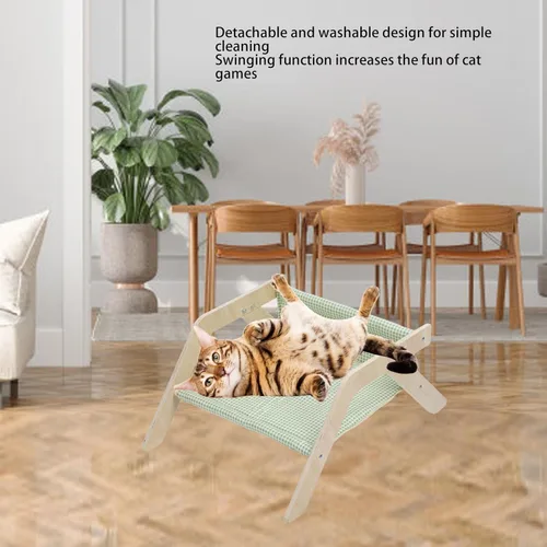 Vista 5 de Cat Hammock Bed, Sturdy Anti Tilt Elevated Cat Bed, Wooden with Removable Washable Cover for Outdoor Indoor Living Room Use