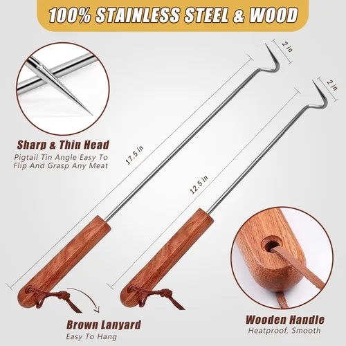 Vista 6 de Ganchos volteadores de acero inoxidable para asar, para carne, barbacoa, cocina, accesorios de parrilla con mango de madera para asar y ahumar