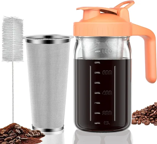 Vista 8 de Jarra de cafetera de infusión fría, jarra de vidrio de albañil de 32 oz con pico y tapa gruesa con asa y filtro de acero inoxidable para café