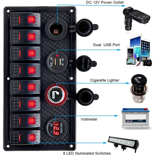 Vista 6 de KAOLALI Panel de interruptor basculante de 8 bandas, 12 V, 24 V, impermeable, con doble USB, encendedor de cigarrillos, voltímetro, LED azul