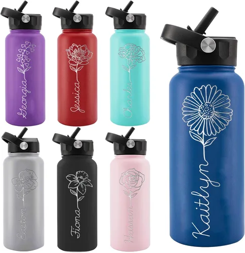 Vista 10 de Personalized Water Bottles, Custom Water Bottle with Birth Month Flower Personalized Text Names, Gifts for Women, Customized Engraved Stainless