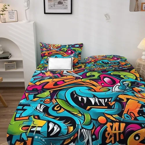Vista 3 de Graffiti Sheets - Juego de sábanas tamaño individual, sábanas de microfibra suave, bolsillo profundo, sábanas y fundas de almohada estampadas sin