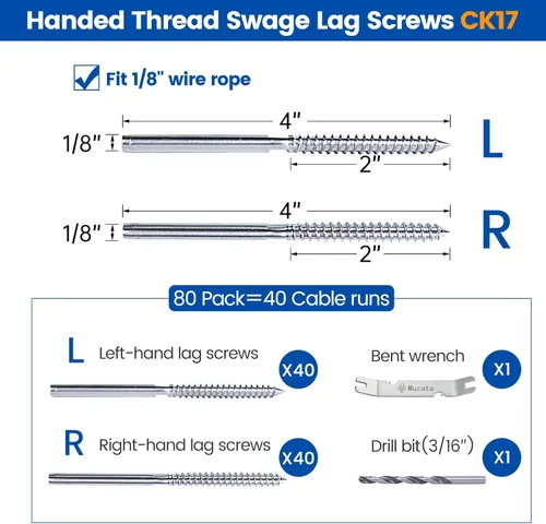 Vista 2 de Muzata Paquete de 80 tornillos para barandillas de cable de 1/8 pulgadas, rosca zurda y derecha para poste de madera T316, sistema de barandilla