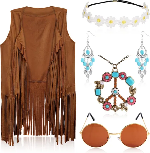Juego de 5 piezas de disfraz hippie de los años 60 y 70 para mujer, disfraz hippie, signo de paz, diadema, chaleco con borlas, conjunto de
