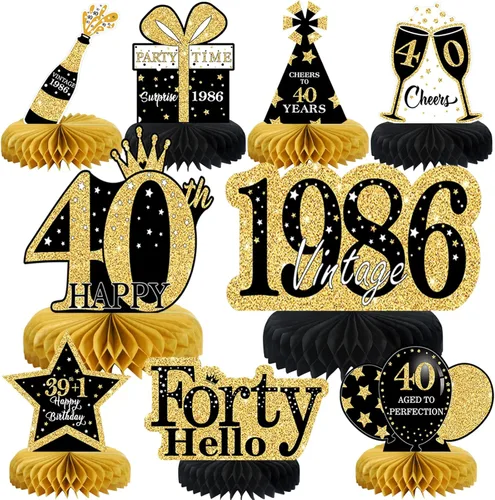Vista 27 de 9 piezas de decoración de cumpleaños negro dorado 16 centros de mesa de panal para niños y niñas, centros de mesa de feliz cumpleaños 16