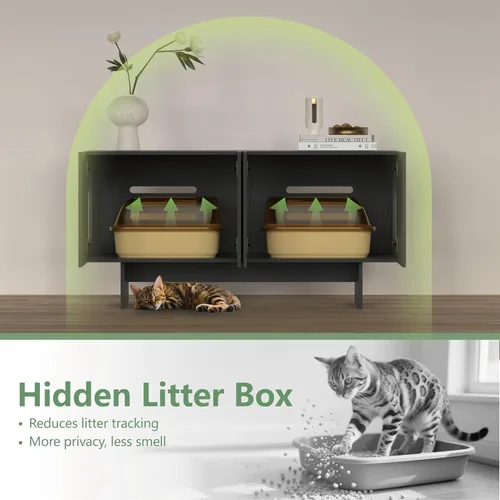 Vista 3 de Amunrbrek Caja de arena doble, caja de arena para 2 cajas de arena, muebles modernos para 2 gatos, estilo escandi (negro)
