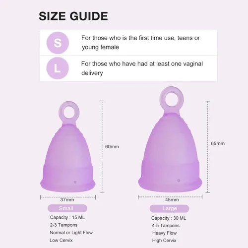 Vista 5 de Copas menstruales reutilizables, 12 horas de protección sin fugas, copas de silicona suave de grado médico, aptas para principiantes