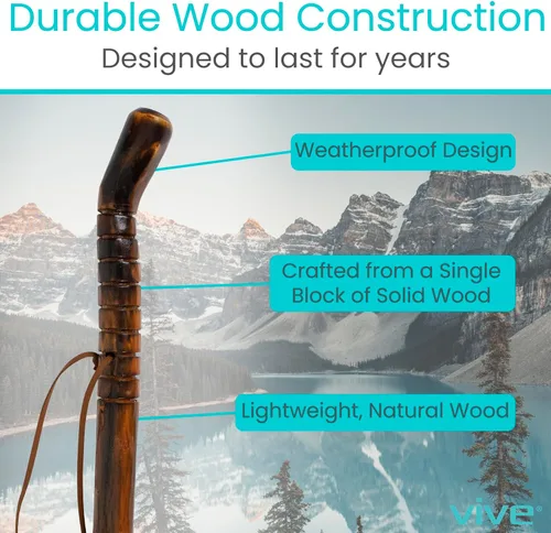Vista 3 de Vive Bastón de madera para senderismo, hecho a mano, impermeable, con correa de muñeca de cuero, bastón de madera para equilibrio, mujeres, hombres