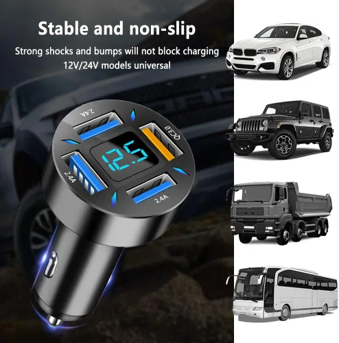 Vista 6 de Cargador de automóvil de 66 W de carga súper rápida con USB 2.4A y QC 3.0 (voltímetro y luces LED), carga rápida universal para enchufe