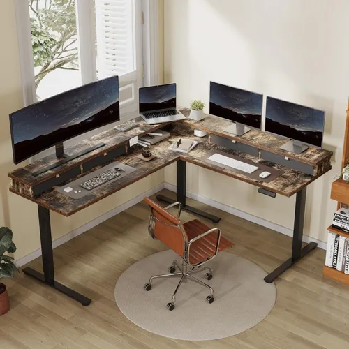 Vista 84 de FLEXISPOT Escritorio de esquina profesional con motor dual en forma de L, escritorio eléctrico de pie, escritorio de pie con altura ajustable, mesa