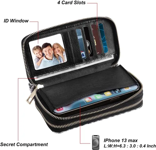 Vista 6 de Cartera de teléfono celular para mujer con doble cremallera y correa de muñeca extraíble