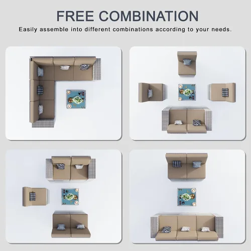 Vista 9 de Juego de muebles de patio de 6 piezas, sofá modular para exteriores con reposabrazos anchos, sofá de grupo de asientos de mimbre con mesa auxiliar