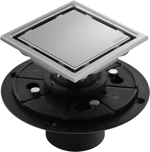 Vista 10 de Desagüe de suelo de ducha cuadrado cepillado oculto, negro de 4 pulgadas, acero inoxidable 304, con brida, cubierta desmontable incrustada