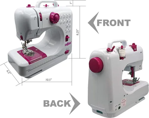 Vista 4 de Mini máquina de coser portátil, funciona con batería y CA, 12 patrones de puntada programados, doble velocidad, cose hacia adelante y hacia atrás