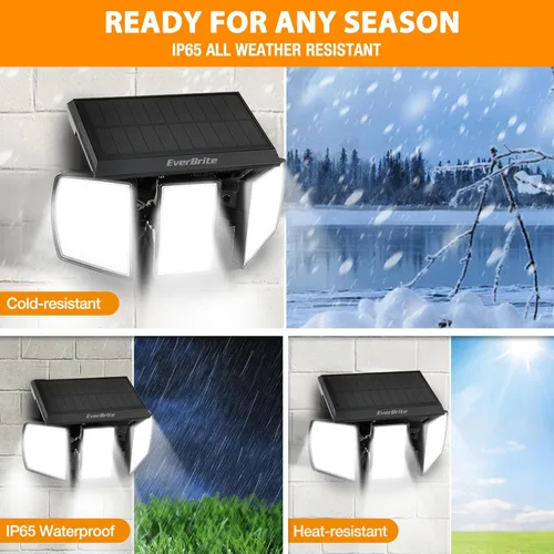 Vista 5 de EverBrite Solar Lights Outdoor, 128 LED 7000K Motion Sensor Outdoor Lights, 3 Heads Security LED Floodlights, IP65 Waterproof, 270° Wide Angle