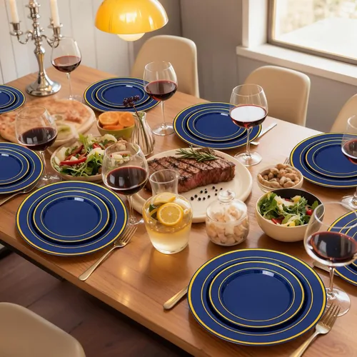 Vista 5 de NOCCUR 200 platos de plástico azul marino para 100 invitados, incluye 100 platos desechables de postre de 10 pulgadas, 100 platos desechables