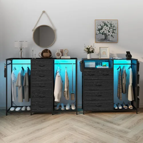 Vista 7 de Espelism Cómoda para dormitorio con perchero, cómoda de 5 cajones con estación de carga, luces LED, cómoda blanca, estante flexible y espacio