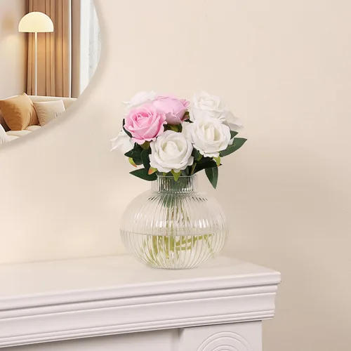 Vista 6 de Jarrón redondo de cristal, floreros para ramo, jarrones de vidrio acanalado para flores, pequeño jarrón transparente para sala de estar, oficina