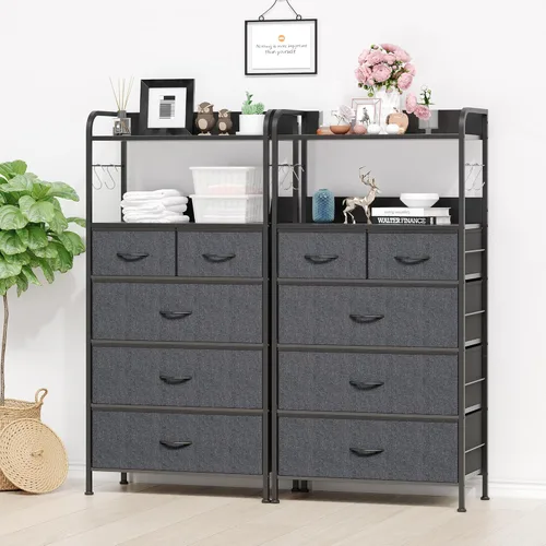 Vista 5 de Jojoka Cómoda para dormitorio con 5 cajones, cómodas y cajoneras para pasillo, entrada, unidad organizadora de almacenamiento con tela, marco
