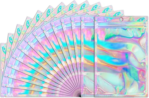 Vista 11 de Paquete de 100 bolsas holográficas de Mylar, bolsa de papel de aluminio transparente con cierre, bolsa de embalaje para almacenamiento de alimentos