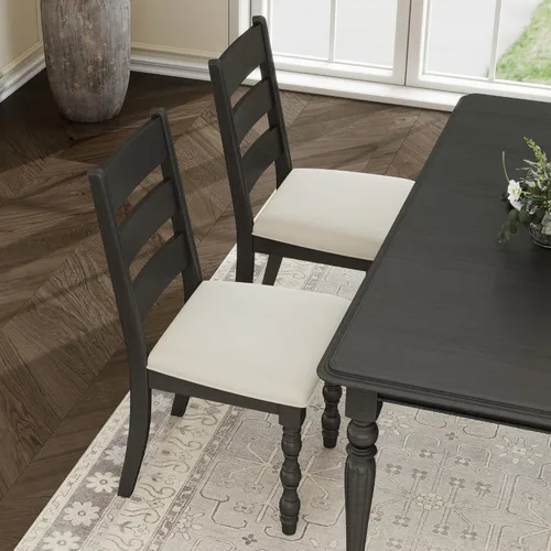 Vista 4 de Juego de 2 sillas de comedor estilo granja, silla de cocina con marco de madera maciza con patas romanas, moderna silla tapizada de tela de lino sin