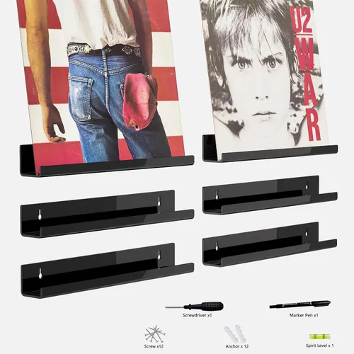 Vista 7 de Soporte de pared para discos de vinilo de 7 pulgadas, soporte de pared de vinilo acrílico, estante de pared para discos de vinilo, paquete de 6