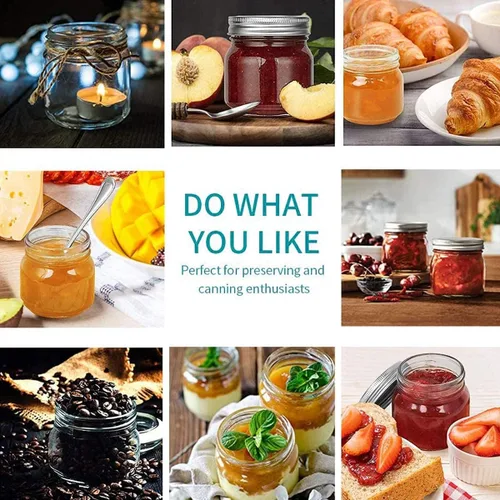 Vista 7 de Yomarket Mason Jars - Tarros de vidrio transparente de boca regular de 8 onzas con tapas de metal plateado para sellar, recipientes de avena durante