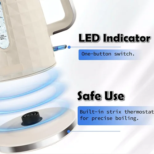 Vista 3 de Hervidor Eléctrico de 1.7L, Hervidor de Agua Caliente de Ebullición Rápida 1200W, Diseño Inalámbrico de 360°, Hervidor Eléctrico de Té para Hervir