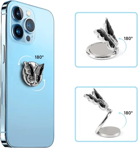 Vista 5 de Soporte para Anillo de Teléfono Omorro, Soporte de Dedo con Patada, Anillo de Metal Brillante con Diseño de Mariposa, Soporte para Teléfono Celular