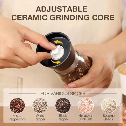 Vista 5 de VUCCHINI Juego de molinillo manual de sal y pimienta con tapa de bambú, molinos de sal y pimienta gruesos ajustables, rebabas de cerámica