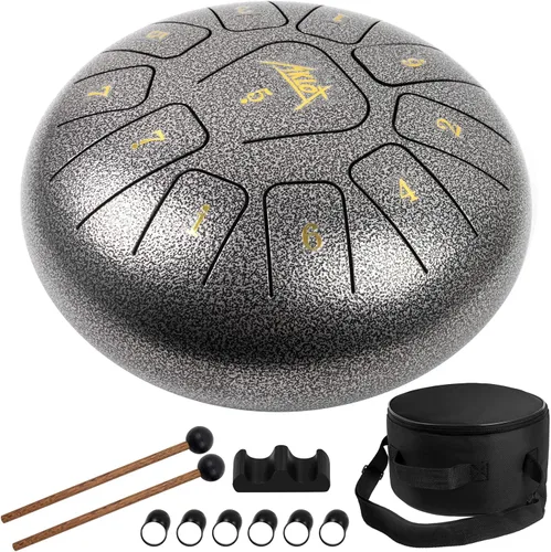 Vista 12 de Tambor de Lengua de Acero, AKLOT, tambor de 20 cm, 8 notas, tambor de mano en C, kit de percusión de tambor de acero con mazos, pegatinas de notas