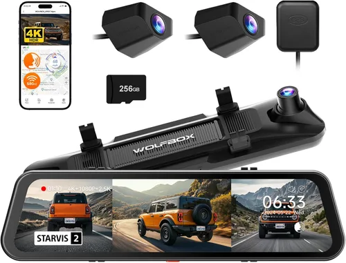 WOLFBOX G900 Tripro Bumper Versión 3 Canal 4K Espejo Dash Cam, 8MP STARVIS 2 IMX678 Visión Nocturna, 4K+2.5K+1080P Dash Cam de Parachoques Delantero