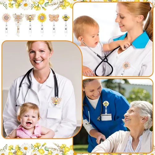 Vista 6 de Chinco 6 piezas de carretes de insignia de girasol retráctiles con brillo, carretes de insignia de identificación con diamantes de imitación