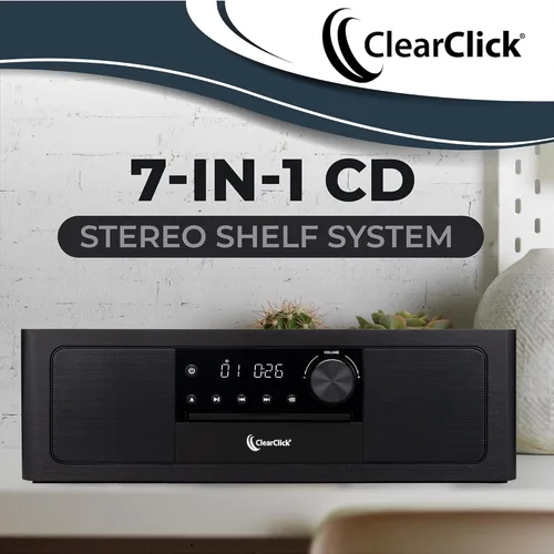 Vista 2 de ClearClick Sistema de estante estéreo con reproductor de CD, Bluetooth, radio FM, reproducción USB, entrada auxiliar, entrada óptica, reloj