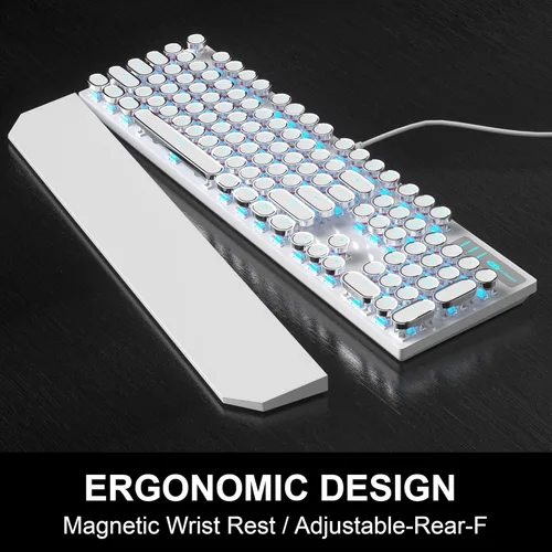 Vista 5 de Combo de teclado y mouse retro de máquina de escribir, bonito teclado blanco con interruptores lineales rojos, teclado mecánico con cable