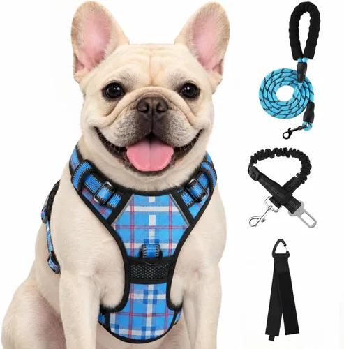 Vista 37 de FURRYFECTION Arnés a cuadros para perros pequeños, chaleco reflectante ajustable sin tirones para mascotas con clip frontal, correa, asa de fácil