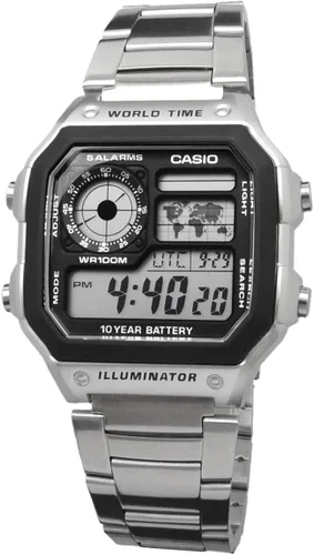 Vista 3 de Casio World Time AE-1200WHD-1AV Men's Digital Watch, Metal Band, Silver, Bracelet Type