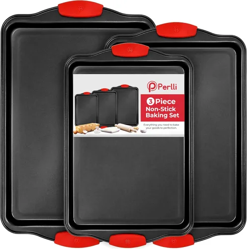 PERLLI Juego de 3 moldes antiadherentes para hornear, acero al carbono sin BPA, con asas de silicona, juego de horno de cocina apilable, bandeja