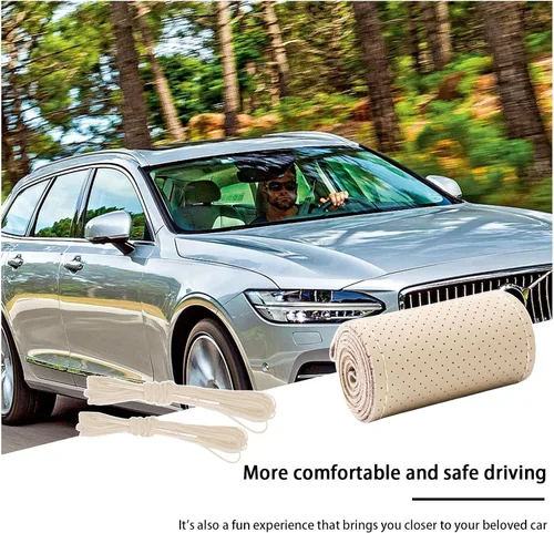 Vista 6 de Kewucn Funda de cuero genuino para volante, protector universal de 15 pulgadas para volante de automóvil con hilo de aguja, funda transpirable Beige