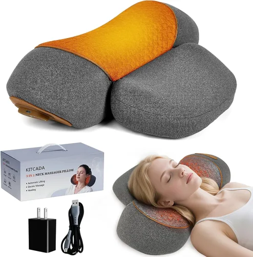 JEDAWN Almohada masajeadora de cuello térmica 3 en 1, alivio del dolor de tejido profundo con tracción cervical, masaje de vibración para cuello y